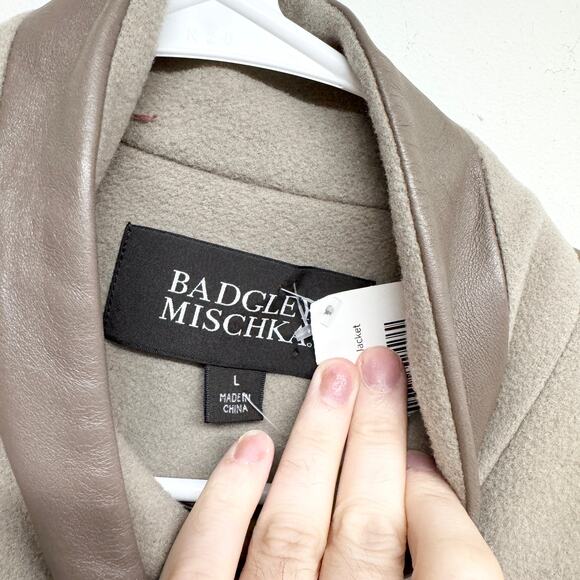 Badgley Mischka Designer Beige Wool Pea Coat Leather Trim Luxury Jacket Large - Picture 2 of 3